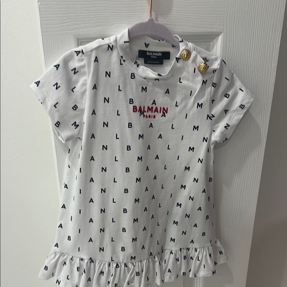 Balmain Kids White and Black Logo Pattern T-Shirt